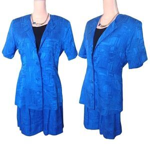 VTG 80s Blue Textured Silk Summer Blazer and High Waist Mom Shorts Set Size 8
